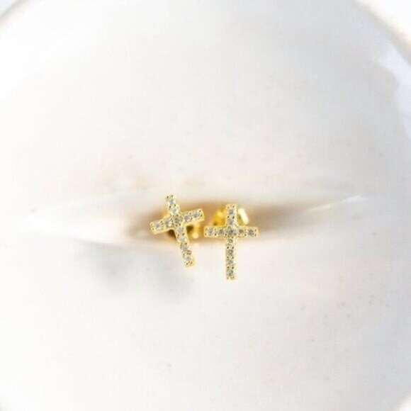 Dainty Cross Stud Earrings Pave CZ "Diamonds" Cross Studs Faith Jewelry Gift - Picture 5 of 12